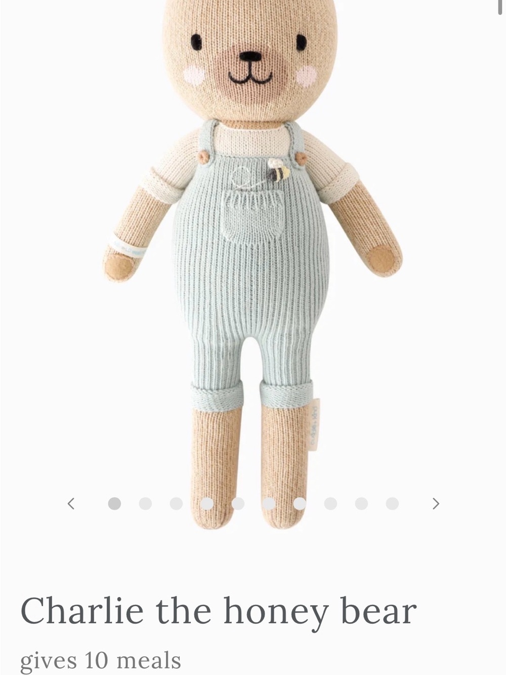 Charlie the Honey Bear Plush Toy - Cream & Light Blue Overalls